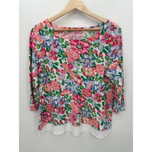 Talbots Outlet Womens Floral Top Size M Feminine Dainty Sheer Trim Coastal